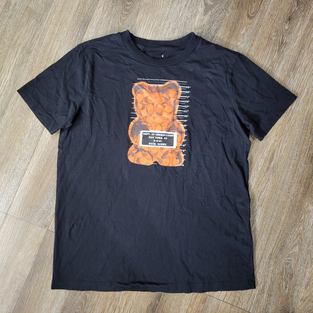 COACH Men's XS Black Short Sleeve T-Shirt Orange PrisonGummy Bear Signature CC